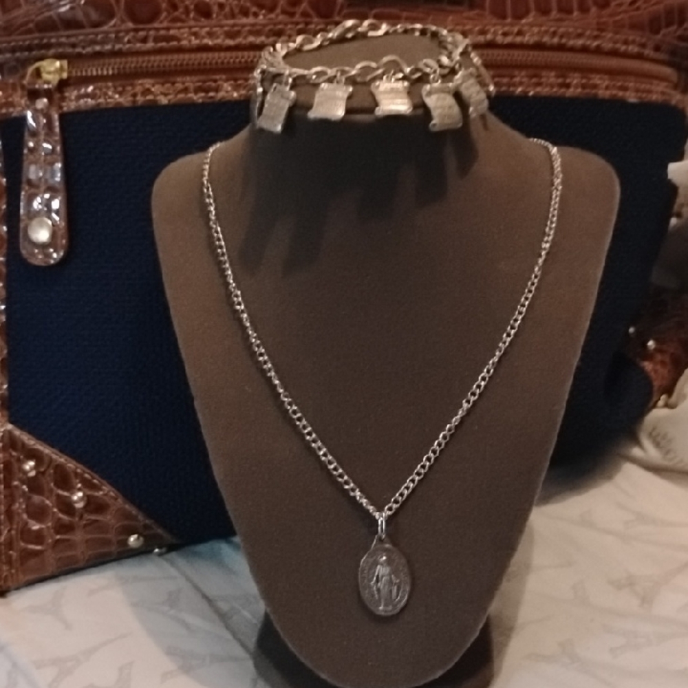Silver Tone Virgin Mary Necklace and 10 Commandments Bracelet Set